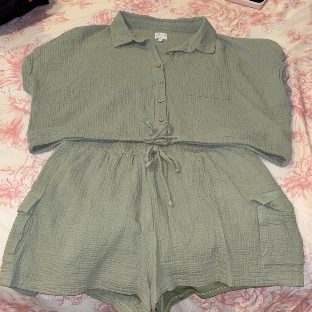 Green Button-Up top and matching green shorts